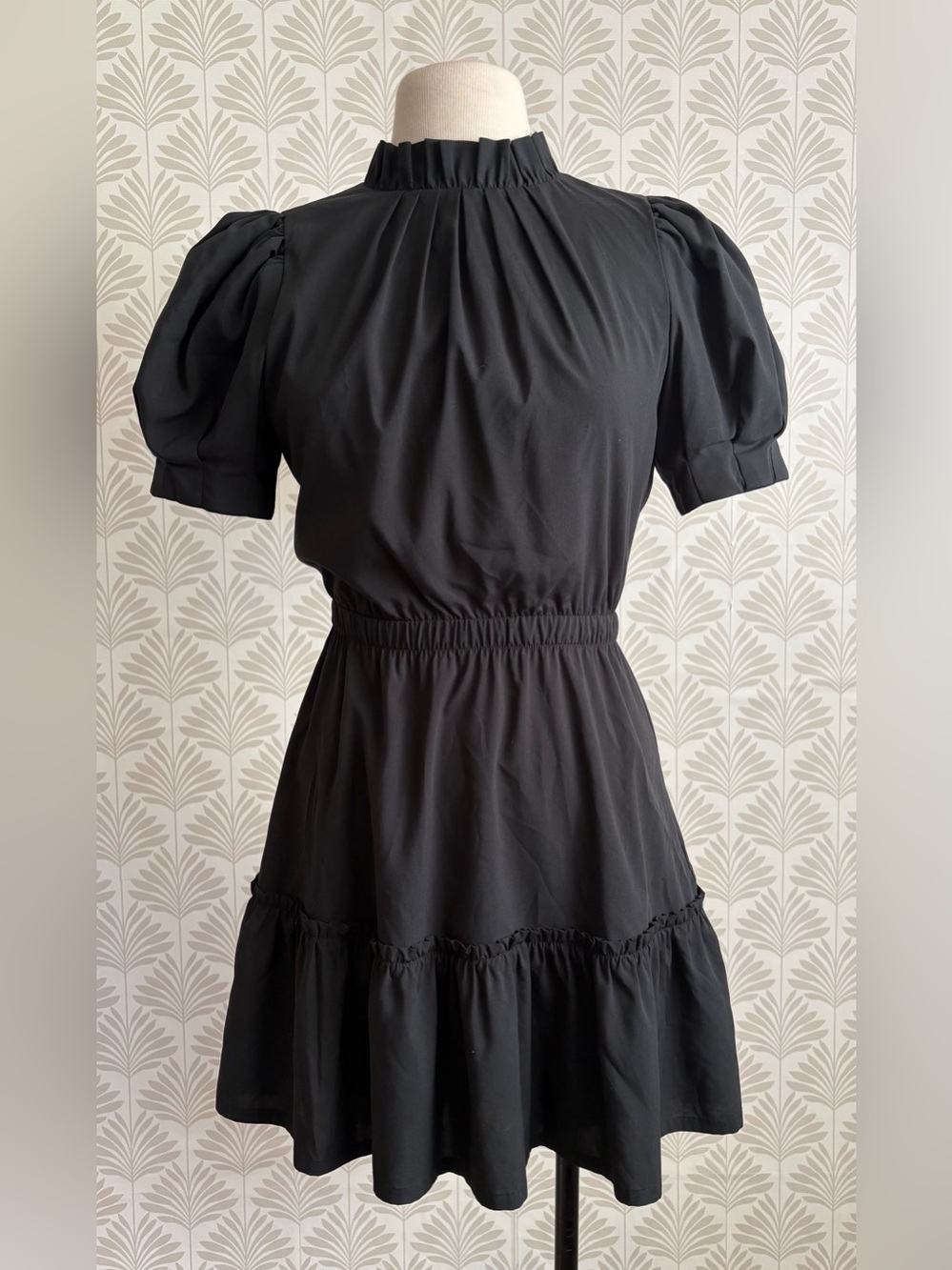 Alice + Olivia Black Puff-Sleeve Smocked-Waist Mini Dress